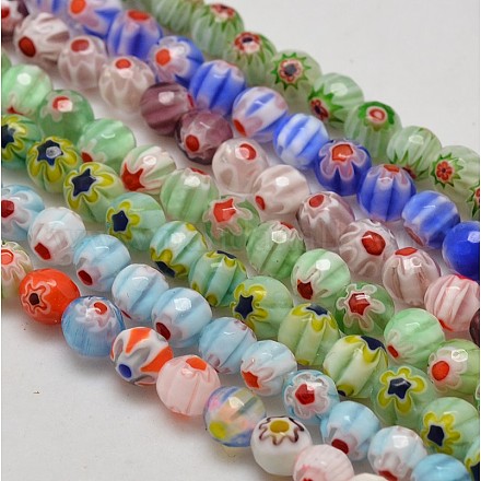 Faceted Millefiori Glass Round Beads Strands LK-P005-M-1