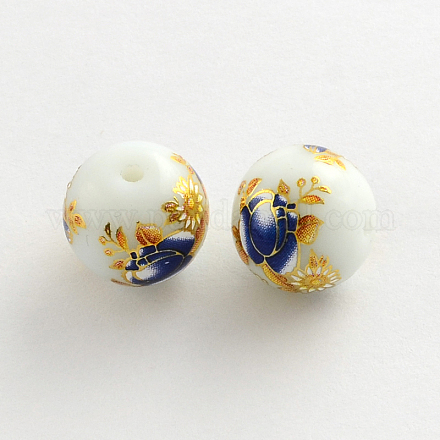 Flower Picture Glass Round Beads GFB-R004-14mm-I15-1
