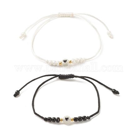 2 pièces plat rond avec coeur acrylique tressé bracelets de perles sertis de graines de verre BJEW-JB08034-01-1