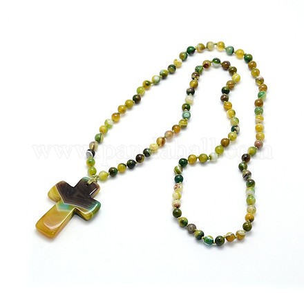 Natural Agate Cross Pendant Necklaces X-NJEW-O045-03D-1