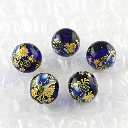 Perles rondes imprimées de motif de fleur rose en verre GFB-R004-10mm-S05-1