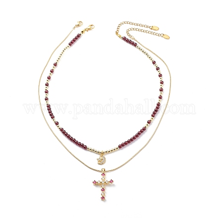 2 pièces 2 colliers pendentif croix et lune en zircone cubique sertis de perles de grenat naturel NJEW-JN04029-1