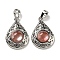 Cherry Quartz Glass Pendants, Rack Plating Brass Hollow Teardrop Charms, Cadmium Free & Lead Free, Platinum, 29.5x19.5x7.5mm, Hole: 7.5x5mm