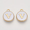 Golden Plated Alloy Charms, Cadmium Free & Lead Free, with Enamel, Enamelled Sequins, Flat Round with Letter, White, Letter.V, 14x12x2mm, Hole: 1.5mm