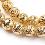Electroplated Natural Lava Rock Beads Strands, Round, Bumpy, Golden Plated, 8~8.5mm, Hole: 1mm, about 47pcs/strand, 15.35 inch(39cm)