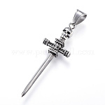 Colgantes grandes de acero inoxidable quirúrgico 316, Espada con el cráneo, plata antigua, 58x20x7mm, agujero: 7x10 mm