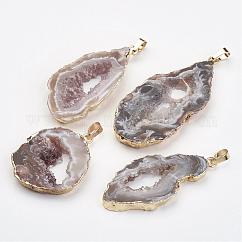 Colgantes de la ágata de Geode naturales, con fornituras de latón, pepitas, dorado, 38~65x18~40x5~6mm, agujero: 5x7 mm