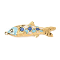 Colgantes grandes de acero inoxidable 304 esmaltados, charms de pescado, real 18k chapado en oro, revestimiento de iones (ip), azul, 50.5x17x3mm, agujero: 1.8 mm