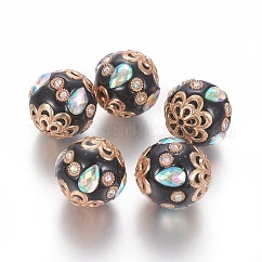 Handgemachte Indonesien Strassperlen, mit Metall-Zubehör, Runde, Licht Gold, Schwarz, 17.5~21x18~19 mm, Bohrung: 1.6 mm