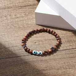 Bracelet extensible en bois naturel et hématite synthétique avec mauvais œil au chalumeau&nbsp;BJEW-JB08094