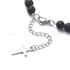 Collana di perline di roccia lavica naturale con ciondoli a croce in ottone&nbsp;NJEW-JN03975