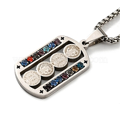 Colliers pendentifs rectangulaires en acier inoxydable 201 avec strass colorés et médaille Saint Benoît&nbsp;NJEW-G115-03P