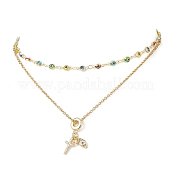 Messing Pavé klar Zirkonia Kreuz Herz Böser Blick Anhänger handgemachte böser Blick Bunte Malerei 304 Edelstahl Kette Doppelschicht Halsketten für Frauen&nbsp;NJEW-JN05398-03