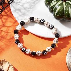 4 Stück 4 Farben Halloween gefärbter synthetischer türkisfarbener Totenkopf & Bunte Malerei Böse Augen runde Perlen Stretch-Armband-Sets für Frauen und Männer&nbsp;BJEW-JB12268