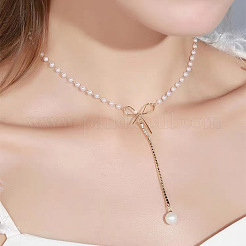 Colliers en alliage avec pendentif nœud papillon et pompon en plastique et perles d'imitation pour femmes&nbsp;FS-WGA15AC-01