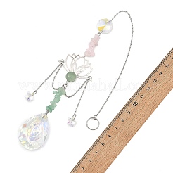 Acchiappasole a forma di loto in acciaio inox 304 e goccia di vetro con inserti di quarzo rosa naturale e avventurina verde.&nbsp;HJEW-JM05007