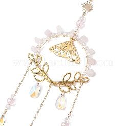 Décorations pendentif papillon en laiton et copeaux de quartz rose naturel&nbsp;HJEW-TA00259