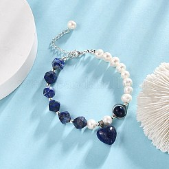 Braccialetto di fascino del cuore di lapislazzuli naturali con catene di perline di perle naturali per le donne&nbsp;BJEW-TA00255-01