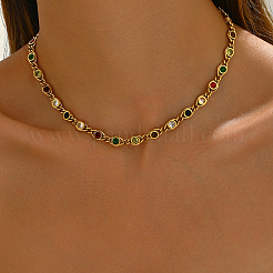 Edelstahl Pavé bunte Zirkonia flache runde Gliederkette Halsketten für Frauen&nbsp;FO2837