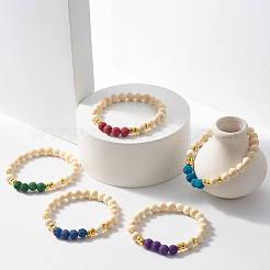 Bracelet extensible en bois naturel et pierre de lave synthétique (teinte) à perles rondes&nbsp;BJEW-JB07815