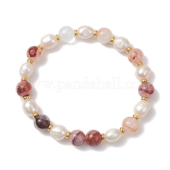 Braccialetti elastici per donna in quarzo ferruginoso rosso naturale e perle d'acqua dolce coltivate&nbsp;BJEW-JB13258