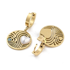 Boucles d'oreilles pendantes rondes plates gauche et droite avec cœur en acier inoxydable 304&nbsp;EJEW-L283-073G