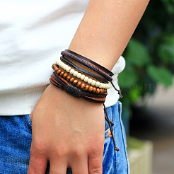 Einstellbar geflochtenes Lederband aus Holz Perlen Multi-Strang-Armbänder&nbsp;BJEW-P0001-15