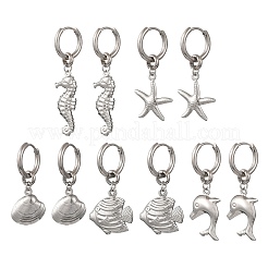 Pendientes colgantes de aro de acero inoxidable 304 con diseño oceánico para mujer&nbsp;EJEW-JE07267-02
