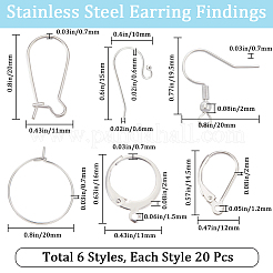 120 pièce de 6 styles de boucles d'oreilles en acier inoxydable chirurgical 304 et 316&nbsp;DIY-BBC0001-75