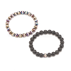 2 pièces 2 style pierre de lave naturelle et agate ensemble de bracelets extensibles perlés ronds&nbsp;BJEW-JB08318