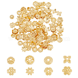 Superfindings 120 pièce de 8 styles de capuchons de perles en forme de fleur, capuchon de perle en alliage, tasse ronde multi-pétales, entretoises tibétaines, bouchons de charme, perles d'espacement, capuchons dorés, capuchons de perles d'espacement pour la fabrication de bijoux