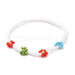 Peinture de cuisson de fleurs de marguerite faites à la main et bracelets extensibles en perles de verre teint, pour femmes filles, cramoisi, diamètre intérieur: 2 pouce (5 cm)