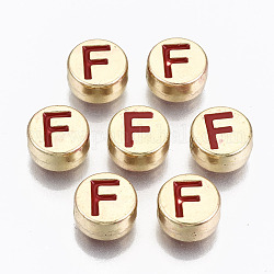 Legierung Emaille-Perlen, cadmiumfrei und bleifrei, flach rund mit Anfangsbuchstaben, Licht Gold, rot, Buchstabe f, 8x4 mm, Bohrung: 1.5 mm