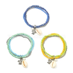 3 pièces 3 couleurs galvanoplastie verre et coquille bracelets extensibles pour femmes, avec tortue en alliage et perle de coquillage, couleur mixte, 1/8 pouce (0.3~0.45 cm), diamètre intérieur: 2-1/4 pouce (5.6 cm), 1 pc / couleur