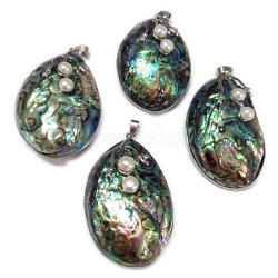 Pendentifs en coquille paua, avec perles d'eau douce de perles et supports pendants en laiton, goutte , de couleur métal platine , colorées, 54~65x36~40x16mm, Trou: 7x4mm