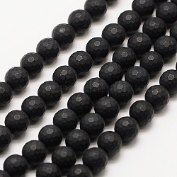 Frosted Natural Black Agate Bead Strands, Faceted(128 Facets) Round, 10mm, Hole: 2mm, about 38pcs/strand, 15 inch