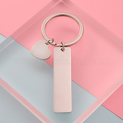 304 Stainless Steel Keychain, with Key Rings, Rectangle with Heart, Stainless Steel Color, 80mm