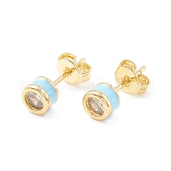 Column Cubic Zirconia Stud Earrings with Enamel, Real 18K Gold Plated Brass Earrings for Women, Cadmium Free & Nickel Free & Lead Free, Aqua, 14.5x5mm, Pin: 0.6mm