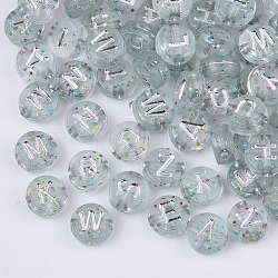 Chapado de perlas de acrílico transparente, con polvo del brillo, metales enlaced, agujero horizontal, plano y redondo con la letra, Plata Plateada, 7x4mm, agujero: 1.5 mm