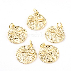 Brass Pendants, with Jump Rings, Long-Lasting Plated, Flat Round with Dragonfly, Real 18K Gold Plated, 20x18.7x2mm, Hole: 3.5mm