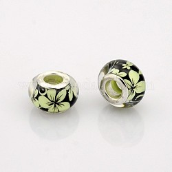Flower Pattern Resin European Beads, Large Hole Rondelle Beads, with Silver Tone Brass Cores, Champagne Yellow, 14x9mm, Hole: 5mm