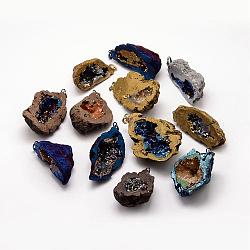 Electroplated Natural Geode Druzy Agate Big Pendants, with Brass Findings, Nuggets, Two Tone, Mixed Color, 45~70x21~50x21~28mm, Hole: 4x8mm