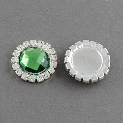 Shining Flat Back Faceted Half Round Acrylic Rhinestone Cabochons, with Grade A Crystal Rhinestones and Brass Cabochon Settings, Silver Metal Color, Green, 21x5.5mm