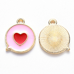 Colgantes de esmalte de aleación, cuadro de mensaje plano con corazón, la luz de oro, rosa perla, 17x14x1.5mm, agujero: 1.6 mm