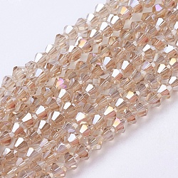 Chapelets de perles en verre, de couleur plaquée ab , facette, Toupie, beige, 4x4mm, Trou: 1mm, Environ 92~96 pcs/chapelet, 13.78~14.37 pouce