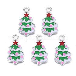 Navidad aleación árbol colgantes de esmalte, tema de la Navidad, rosa perla, 26x15x2mm, agujero: 3 mm