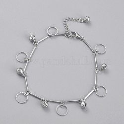 Brass Textured Ring Charm Anklets, with Bar Link Chains and Bell Charms, Platinum, 8-7/8 inch(22.4cm)