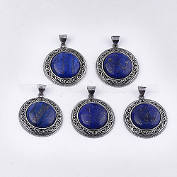 Natural Lapis Lazuli Pendants, with Alloy Findings, Flat Round, Antique Silver, 42.5x38x8.5mm, Hole: 8x6mm