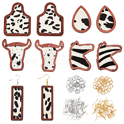 Olycraft diy kit de fabrication de boucles d'oreilles motif vache, y compris cheval & vache & bouteille & rectangle cuir de vachette gros pendentifs avec bois, Crochets d'oreille en laiton, brun coco, 90 pcs / boîte