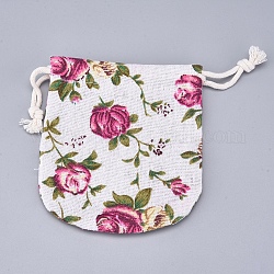 Sacs de rangement en toile de jute, bonbons gâterie sacs d'emballage de fête, avec cordon de serrage en polyester, motif de fleur, 11.5x11 cm